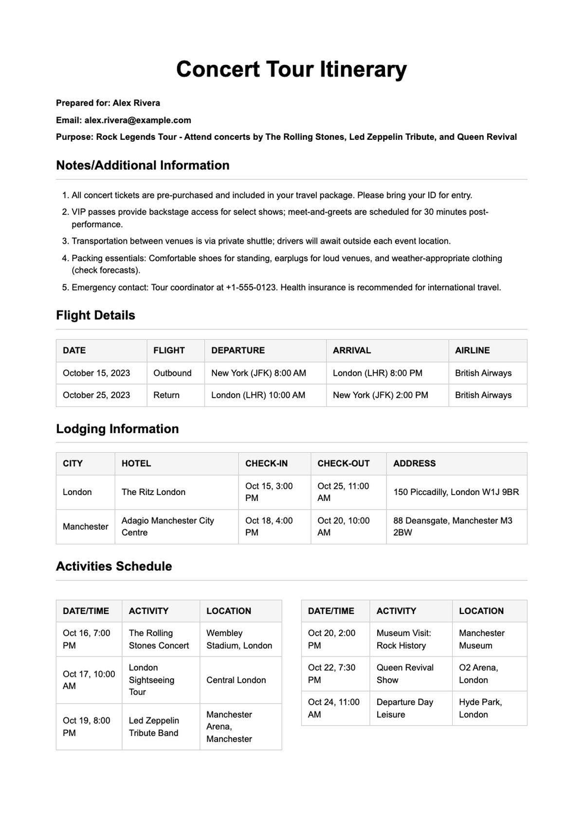 Concert tour itinerary with flight lodging and activity schedule_variant_2